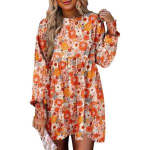 imageDokotoo Womens Fall Dress 2025 Long Sleeve Babydoll Mini Dress Floral Flowy Boho DressesFloralorange