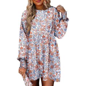 imageDokotoo Womens Fall Dress 2025 Long Sleeve Babydoll Mini Dress Floral Flowy Boho DressesFloralwhite