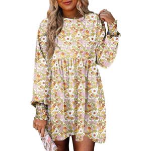 imageDokotoo Womens Fall Dress 2025 Long Sleeve Babydoll Mini Dress Floral Flowy Boho DressesWhite
