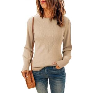 imageDokotoo Womens Ribbed Knit Long Lantern Sleeves Sweater Crewneck Casual Slim Fit Pullover Jumper TopsA Apricot