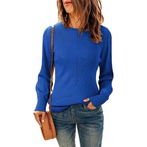 imageDokotoo Womens Ribbed Knit Long Lantern Sleeves Sweater Crewneck Casual Slim Fit Pullover Jumper TopsA Blue