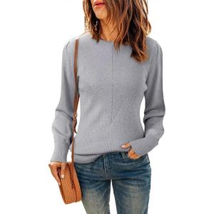 imageDokotoo Womens Ribbed Knit Long Lantern Sleeves Sweater Crewneck Casual Slim Fit Pullover Jumper TopsA Gray