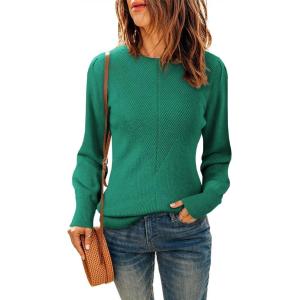 imageDokotoo Womens Ribbed Knit Long Lantern Sleeves Sweater Crewneck Casual Slim Fit Pullover Jumper TopsA Green