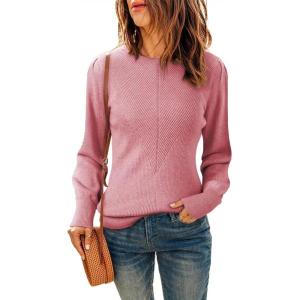 imageDokotoo Womens Ribbed Knit Long Lantern Sleeves Sweater Crewneck Casual Slim Fit Pullover Jumper TopsA Light Pink