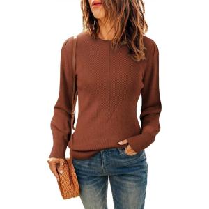 imageDokotoo Womens Ribbed Knit Long Lantern Sleeves Sweater Crewneck Casual Slim Fit Pullover Jumper TopsA Orange