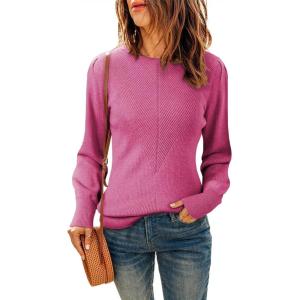 imageDokotoo Womens Ribbed Knit Long Lantern Sleeves Sweater Crewneck Casual Slim Fit Pullover Jumper TopsA Pink