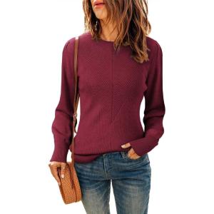 imageDokotoo Womens Ribbed Knit Long Lantern Sleeves Sweater Crewneck Casual Slim Fit Pullover Jumper TopsA Red