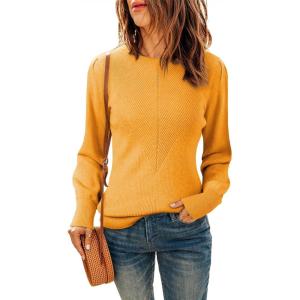 imageDokotoo Womens Ribbed Knit Long Lantern Sleeves Sweater Crewneck Casual Slim Fit Pullover Jumper TopsA Yellow