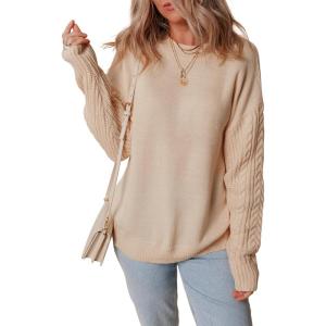 imageDokotoo Womens Sweaters Casual Ribbed Crewneck Long Sleeve Solid Cable Knit Loose Fit Pullover Sweater TopsBeige