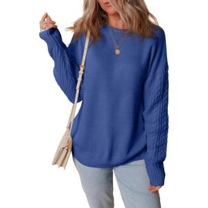 imageDokotoo Womens Sweaters Casual Ribbed Crewneck Long Sleeve Solid Cable Knit Loose Fit Pullover Sweater TopsDark Blue