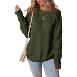 imageDokotoo Womens Sweaters Casual Ribbed Crewneck Long Sleeve Solid Cable Knit Loose Fit Pullover Sweater TopsGreen