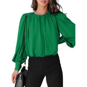 imageDokotoo Womens Tops Blouses for Women Casual Long Sleeve Shirts Crew Neck Bohemian Solid Color Spring Work BusinessA Green