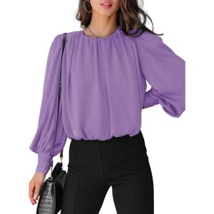 imageDokotoo Womens Tops Blouses for Women Casual Long Sleeve Shirts Crew Neck Bohemian Solid Color Spring Work BusinessA Purple