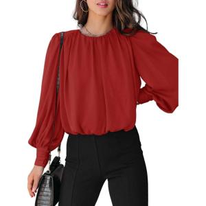imageDokotoo Womens Tops Blouses for Women Casual Long Sleeve Shirts Crew Neck Bohemian Solid Color Spring Work BusinessA Red