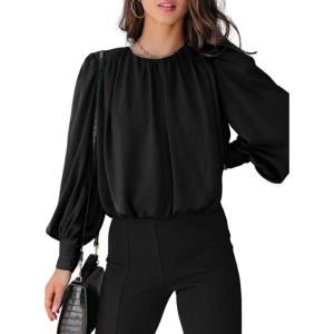 imageDokotoo Womens Tops Blouses for Women Casual Long Sleeve Shirts Crew Neck Bohemian Solid Color Spring Work BusinessBlack