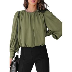 imageDokotoo Womens Tops Blouses for Women Casual Long Sleeve Shirts Crew Neck Bohemian Solid Color Spring Work BusinessGrass Green