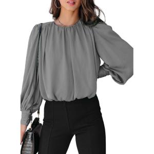 imageDokotoo Womens Tops Blouses for Women Casual Long Sleeve Shirts Crew Neck Bohemian Solid Color Spring Work BusinessGrey