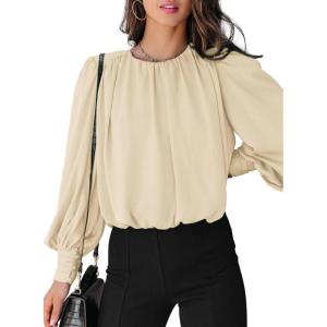 imageDokotoo Womens Tops Blouses for Women Casual Long Sleeve Shirts Crew Neck Bohemian Solid Color Spring Work BusinessKhaki