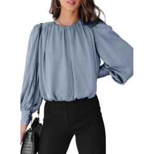imageDokotoo Womens Tops Blouses for Women Casual Long Sleeve Shirts Crew Neck Bohemian Solid Color Spring Work BusinessLight Blue