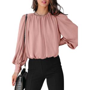 imageDokotoo Womens Tops Blouses for Women Casual Long Sleeve Shirts Crew Neck Bohemian Solid Color Spring Work BusinessPink