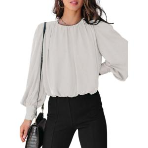 imageDokotoo Womens Tops Blouses for Women Casual Long Sleeve Shirts Crew Neck Bohemian Solid Color Spring Work BusinessWhite