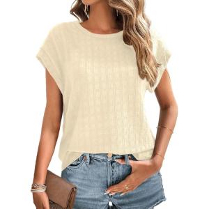 imageDokotoo Womens Blouses Summer Casual Cap Short Sleeve Tops Basic Textured Solid Color Round Neck T Shirts BlouseApricot