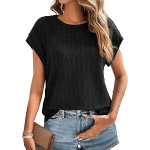 imageDokotoo Womens Blouses Summer Casual Cap Short Sleeve Tops Basic Textured Solid Color Round Neck T Shirts BlouseBlack