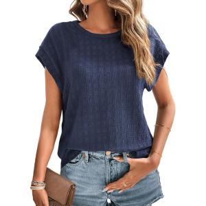 imageDokotoo Womens Blouses Summer Casual Cap Short Sleeve Tops Basic Textured Solid Color Round Neck T Shirts BlouseBlue
