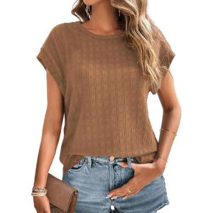imageDokotoo Womens Blouses Summer Casual Cap Short Sleeve Tops Basic Textured Solid Color Round Neck T Shirts BlouseBrown