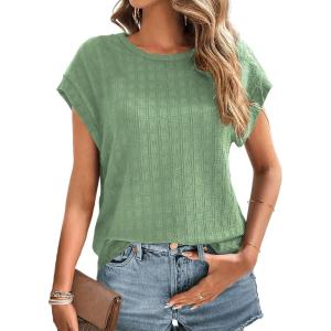 imageDokotoo Womens Blouses Summer Casual Cap Short Sleeve Tops Basic Textured Solid Color Round Neck T Shirts BlouseGreen