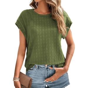imageDokotoo Womens Blouses Summer Casual Cap Short Sleeve Tops Basic Textured Solid Color Round Neck T Shirts BlouseJungle Green