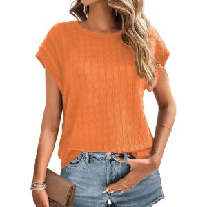 imageDokotoo Womens Blouses Summer Casual Cap Short Sleeve Tops Basic Textured Solid Color Round Neck T Shirts BlouseOrange