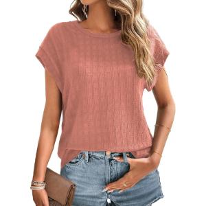 imageDokotoo Womens Blouses Summer Casual Cap Short Sleeve Tops Basic Textured Solid Color Round Neck T Shirts BlousePink 2