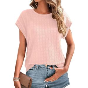 imageDokotoo Womens Blouses Summer Casual Cap Short Sleeve Tops Basic Textured Solid Color Round Neck T Shirts BlousePink