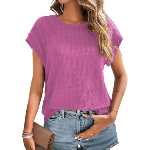 imageDokotoo Womens Blouses Summer Casual Cap Short Sleeve Tops Basic Textured Solid Color Round Neck T Shirts BlousePurple