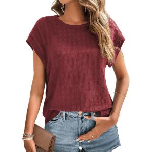 imageDokotoo Womens Blouses Summer Casual Cap Short Sleeve Tops Basic Textured Solid Color Round Neck T Shirts BlouseRed