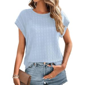 imageDokotoo Womens Blouses Summer Casual Cap Short Sleeve Tops Basic Textured Solid Color Round Neck T Shirts BlouseSky Blue
