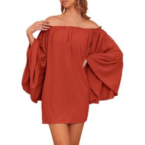 imageDokotoo Womens Summer Casual Dress Beachwear Bell Long Sleeve Off The Shoulder Tops Beach Cover Up