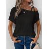 imageDokotoo Womens Summer Tops Off One Shoulder Waffle Knit Short Sleeve TShirts Casual Lightweight Solid Color BlousesBlack