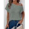 imageDokotoo Womens Summer Tops Off One Shoulder Waffle Knit Short Sleeve TShirts Casual Lightweight Solid Color BlousesLight Green