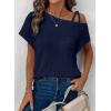 imageDokotoo Womens Summer Tops Off One Shoulder Waffle Knit Short Sleeve TShirts Casual Lightweight Solid Color BlousesNavy Blue