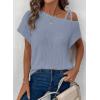imageDokotoo Womens Summer Tops Off One Shoulder Waffle Knit Short Sleeve TShirts Casual Lightweight Solid Color BlousesSky Blue