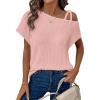 imageDokotoo Womens Summer Tops Off One Shoulder Waffle Knit Short Sleeve TShirts Casual Lightweight Solid Color BlousesPink