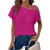 imageDokotoo Womens Summer Tops Off One Shoulder Waffle Knit Short Sleeve TShirts Casual Lightweight Solid Color BlousesRosy