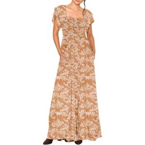 imageDokotoo Womens Casual Loose Overalls Jumpsuits One Piece Ruffle Short Sleevel Printed Wide Leg Long Pant With PocketsYellow