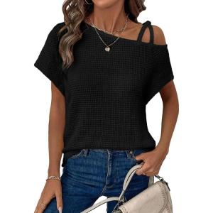 imageDokotoo Womens Summer Tops Off One Shoulder Waffle Knit Short Sleeve TShirts Casual Lightweight Solid Color BlousesBlack