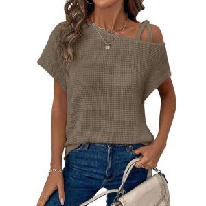 imageDokotoo Womens Summer Tops Off One Shoulder Waffle Knit Short Sleeve TShirts Casual Lightweight Solid Color BlousesBrown