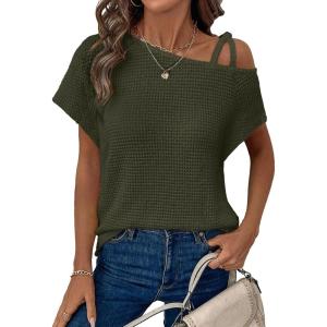 imageDokotoo Womens Summer Tops Off One Shoulder Waffle Knit Short Sleeve TShirts Casual Lightweight Solid Color BlousesGreen