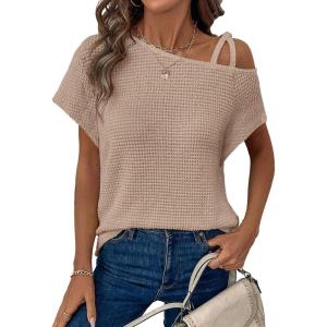imageDokotoo Womens Summer Tops Off One Shoulder Waffle Knit Short Sleeve TShirts Casual Lightweight Solid Color BlousesKhaki
