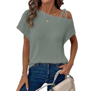 imageDokotoo Womens Summer Tops Off One Shoulder Waffle Knit Short Sleeve TShirts Casual Lightweight Solid Color BlousesLight Green
